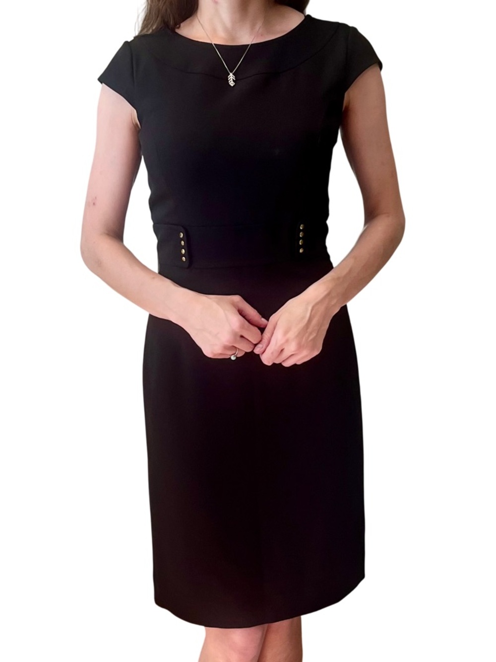 Tahari Cap Sleeved Black Dress With Gold Embellishments at Waist SZ 6 NWOT - Picture 3 of 8